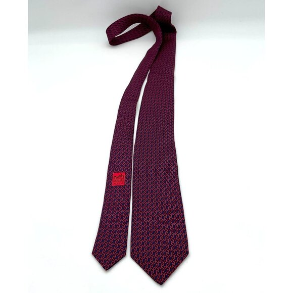 Hermes-Paris Hand Sewn Silk Twill Red & Blue Scroll 'H' Print Mens Tie - Picture 1 of 9